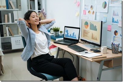 smiling woman enjoy break stretching