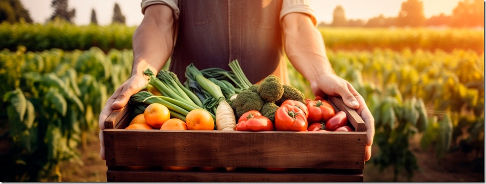 Farmer with vegetables harvest. Generative AI,