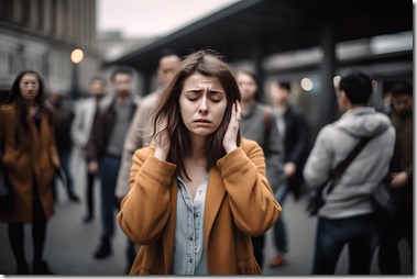 caucasian woman experiencing panic attack in public crowded place, neural network generated art