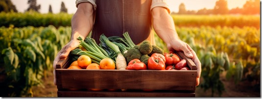 Farmer with vegetables harvest. Generative AI,