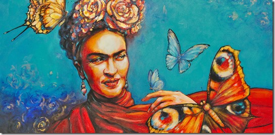 Young beautiful Mexican woman with a traditional hairstyle - flowers in her hair. Butterflies in background.Picture created with acrylics colors on canvas.