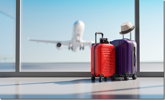 Suitcases in airport. Travel concept. 3d rendering