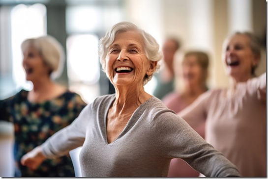 Candid capture of a joyful group of seniors showing vitality while dancing, highlights companionship and active lifestyle in retirement, reflecting the spirit of elderly, generative ai