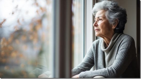 Depressed elderly woman at home. Senior woman mental health concept