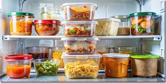 Leftover food containers in a messy refrigerator , leftovers, food, containers, fridge, messy, disorganized, meal prep