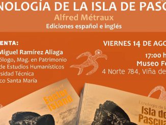 Portada y ejemplares del libro Etnología de Isla de Pascua de Alfred Métraux en el Museo Fonck