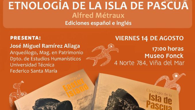 Portada y ejemplares del libro Etnología de Isla de Pascua de Alfred Métraux en el Museo Fonck